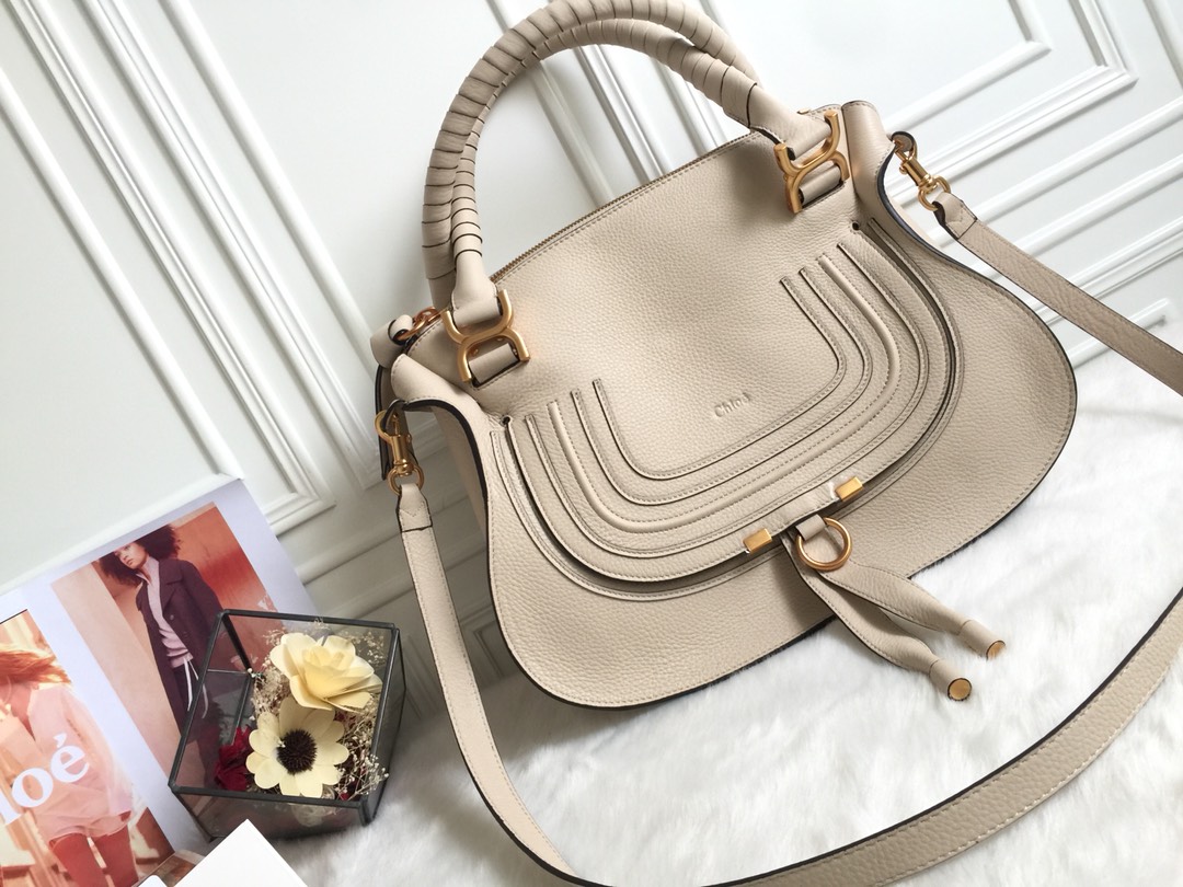 Chloe Large Marcie Bag In Vegetal Beige Grained Leather